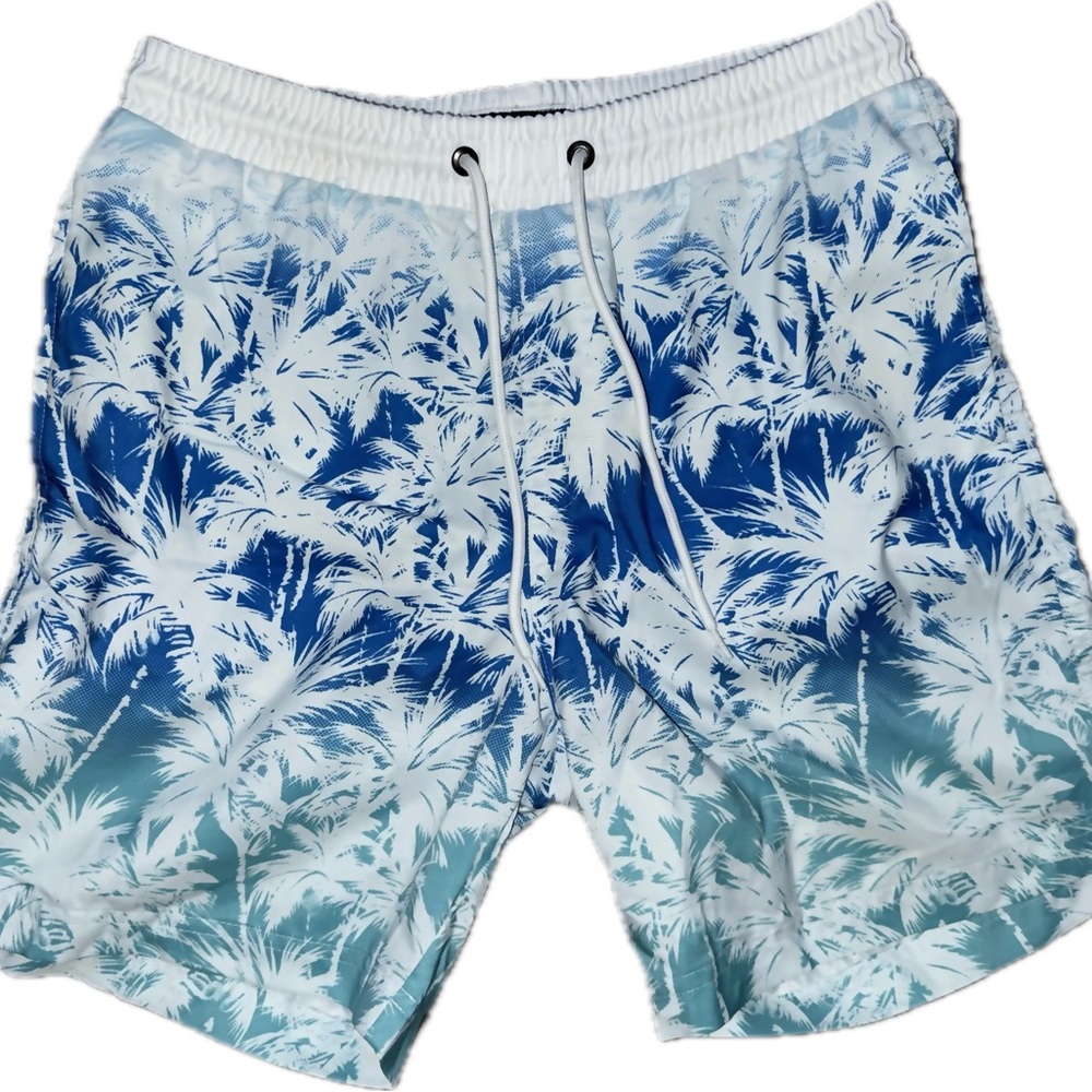 Blue and White Palm Print Men's Swim Shorts